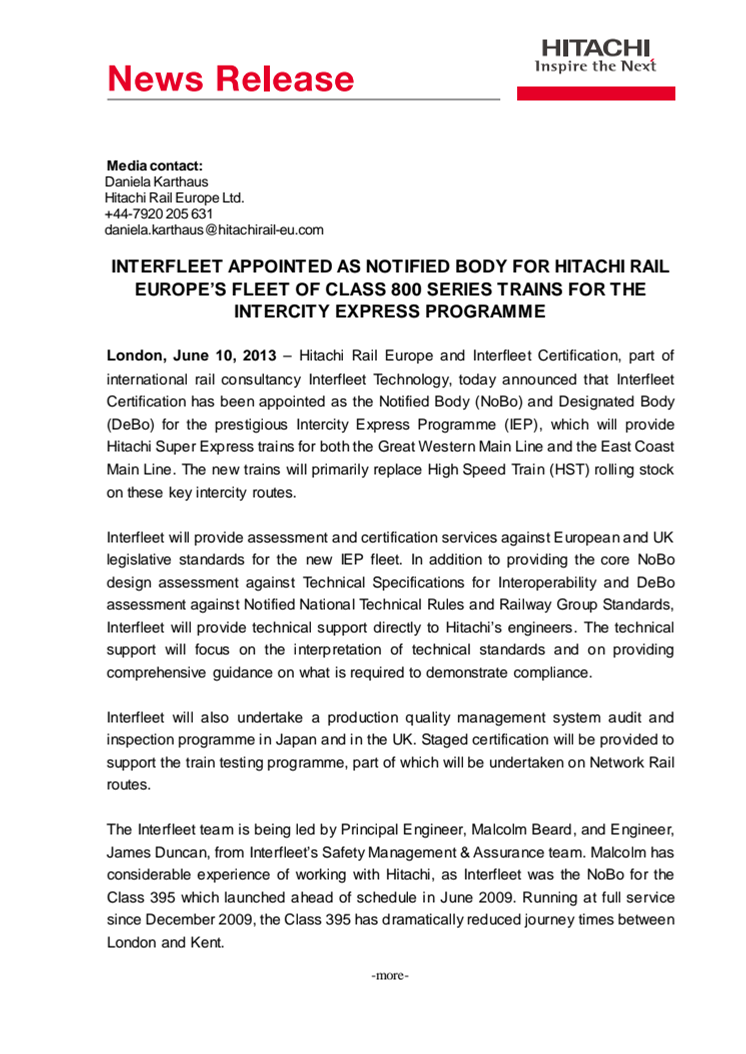 Interfleet Appointed as Notified Body for Hitachi Rail Europe’s Fleet of Class 800 Series Trains for the Intercity Express Programme