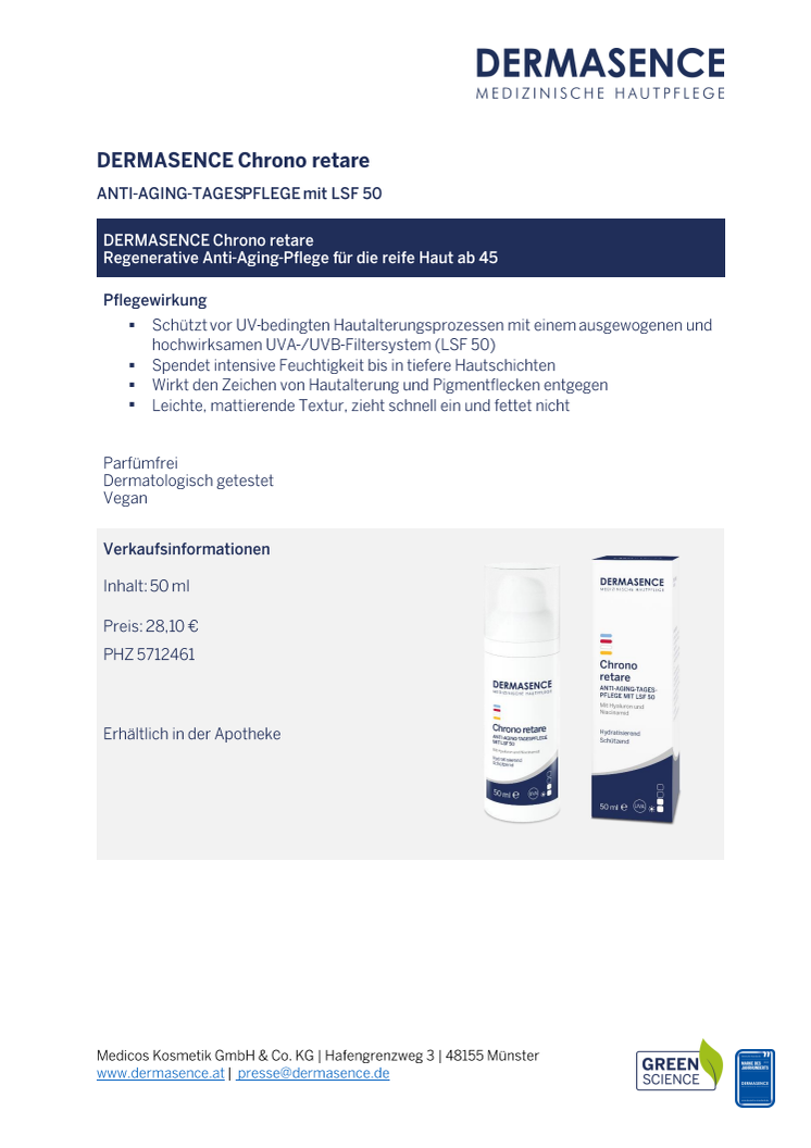 Factsheet AT: DERMASENCE Chrono retare Anti-Aging-Tagespflege mit LSF 50