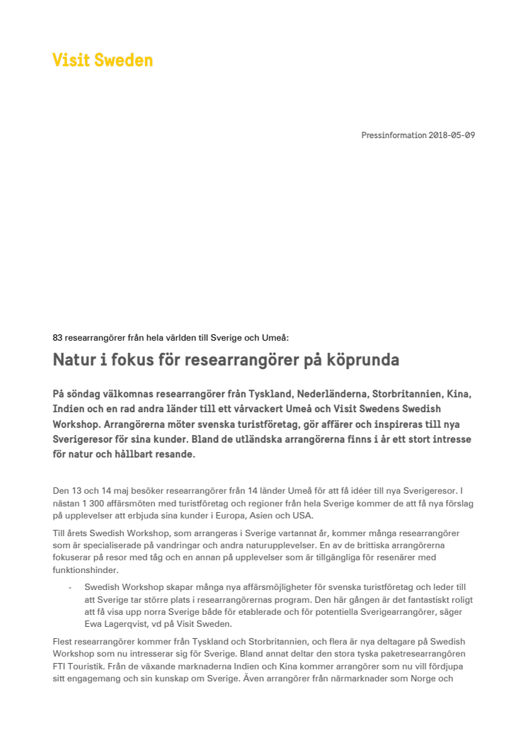 83 researrangörer från hela världen till Sverige och Umeå:  Natur i fokus för researrangörer på köprunda 