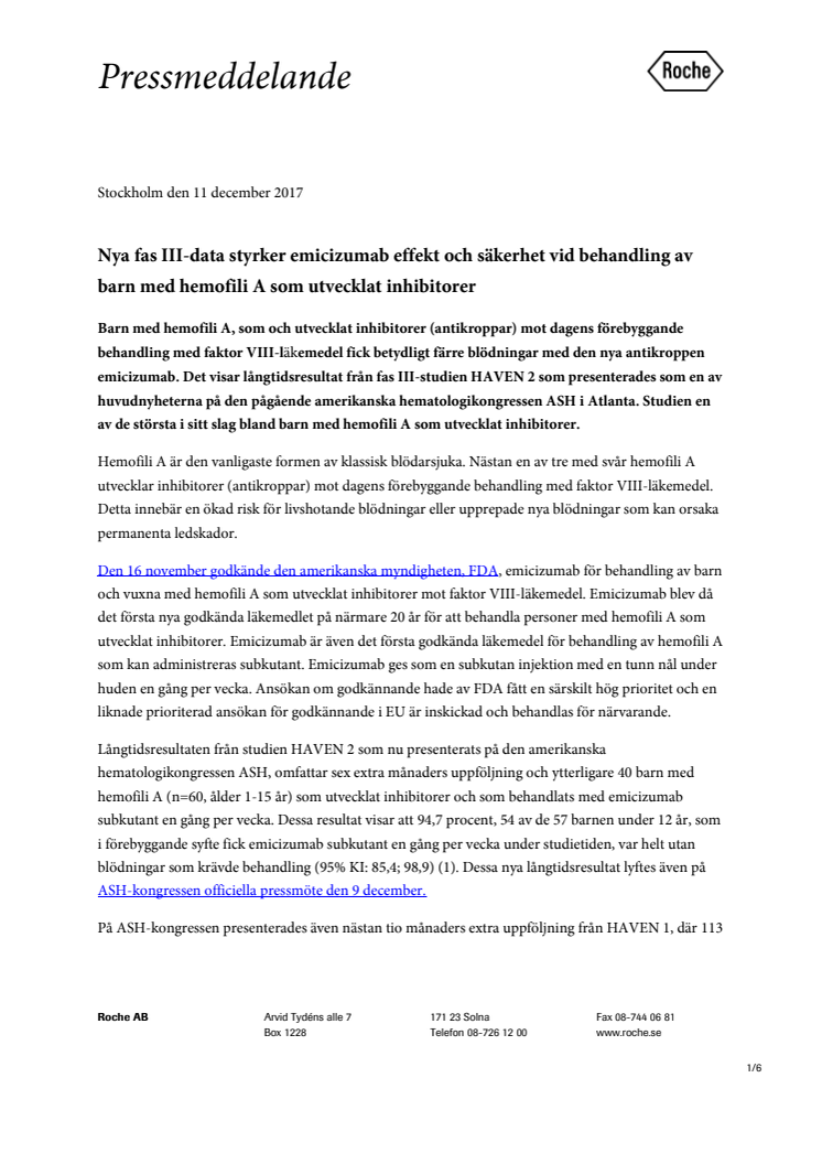 ​Nya fas III-data styrker emicizumab effekt och säkerhet vid behandling av barn med hemofili A som utvecklat inhibitorer