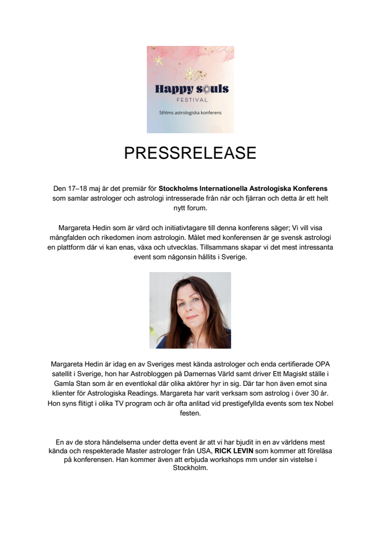 Pressrelease Stockholm International Astrologi Konferens  & Happysouls festival 17-18 maj 2025