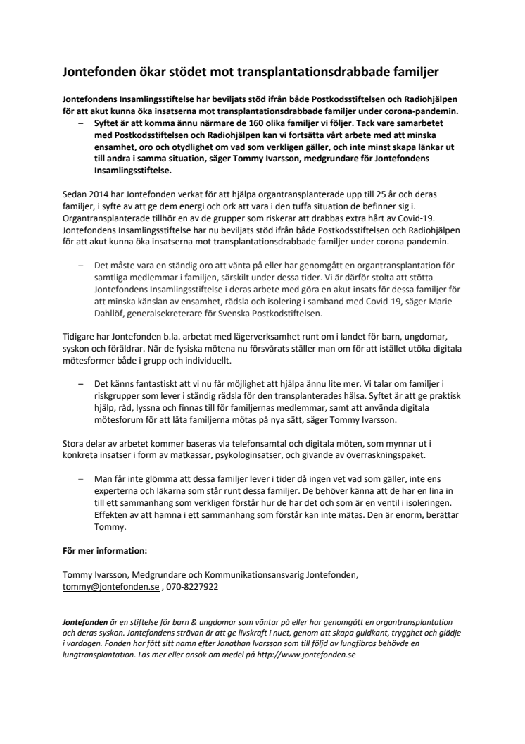 Jontefonden ökar stödet mot transplantationsdrabbade familjer