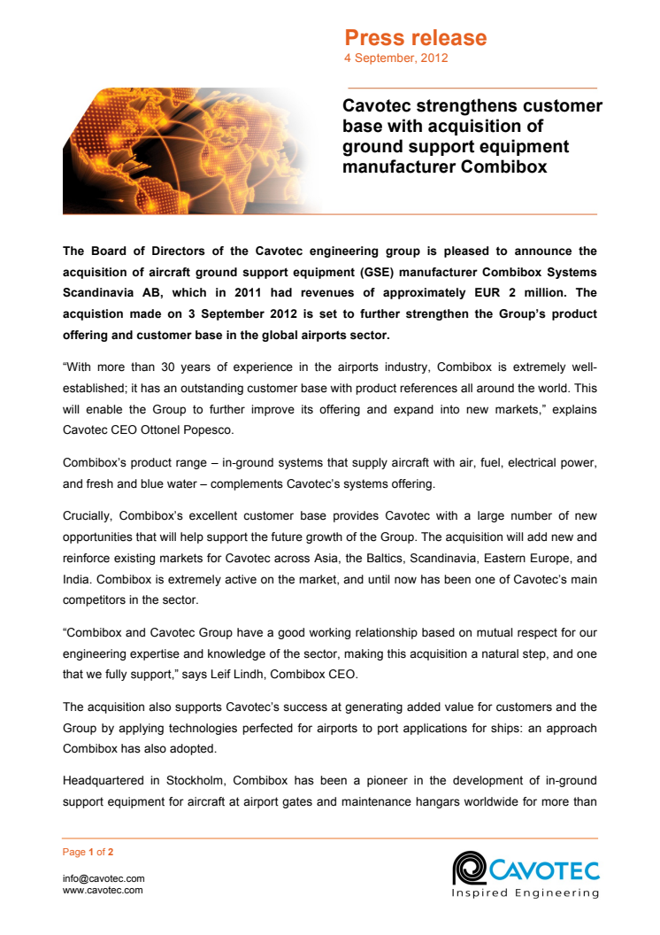 Cavotec strengthens customer base with acquisition of ground support equipment manufacturer Combibox