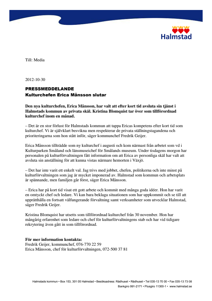 Kulturchefen Erica Månsson slutar 