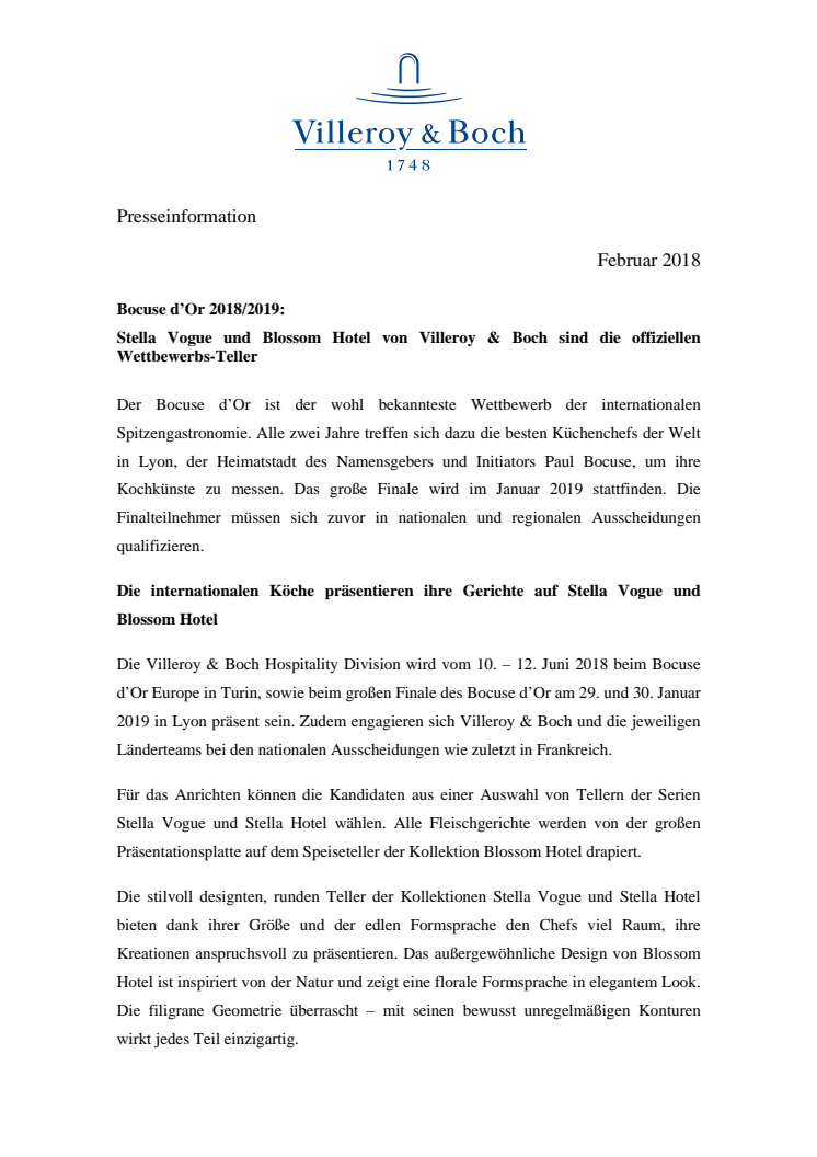 Bocuse d’Or 2018/2019:  Stella Vogue und Blossom Hotel von Villeroy & Boch sind die offiziellen Wettbewerbs-Teller 