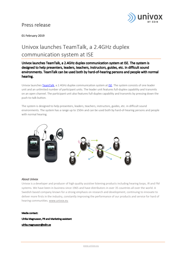  Univox launches TeamTalk, a 2.4GHz duplex communication system at ISE
