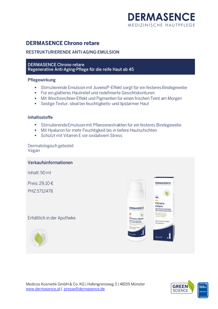 Factsheet AT: DERMASENCE Chrono retare Restrukturierende Anti-Aging-Emulsion