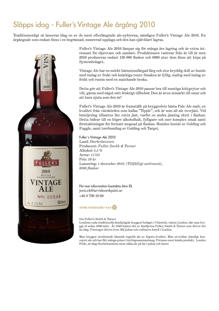 Lanseras idag - Fuller's Vintage Ale årgång 2010