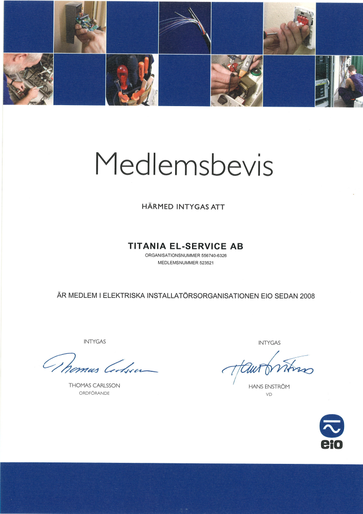 Titanias behörighetsbevis EIO, Elektriska Installatörsorganisationen 