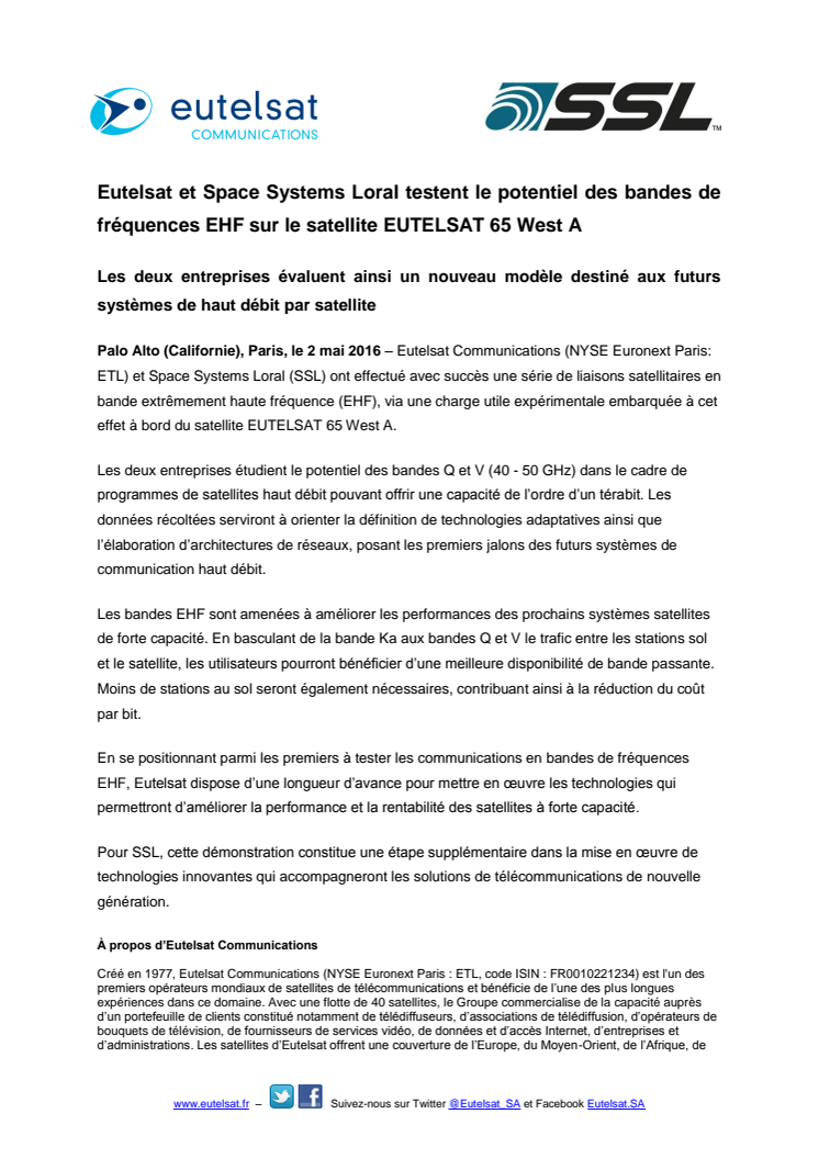 Eutelsat et Space Systems Loral testent le potentiel des bandes de fréquences EHF sur le satellite EUTELSAT 65 West A 