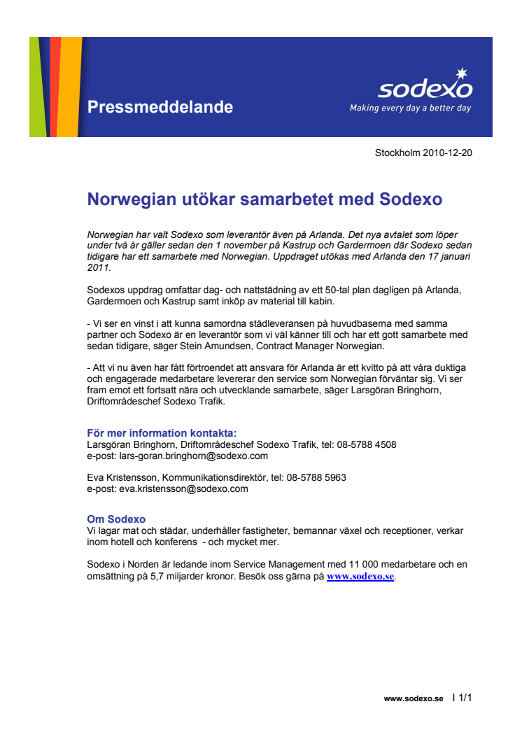 Norwegian utökar samarbetet med Sodexo