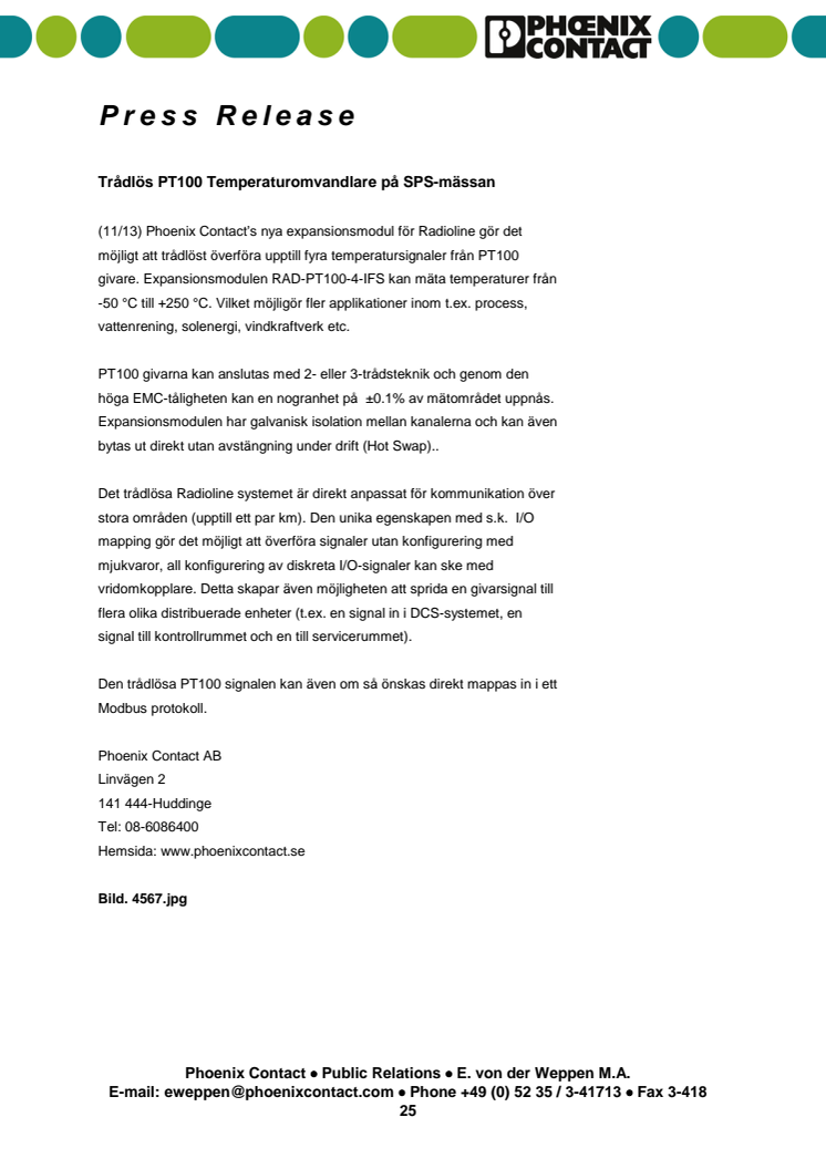 Trådlösa signaler från Pt-100 givare visas på SPS-mässan