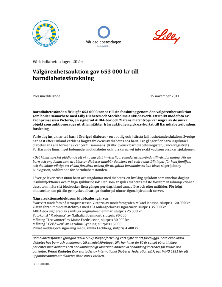 Välgörenhetsauktion gav 653 000 kr till barndiabetesforskning