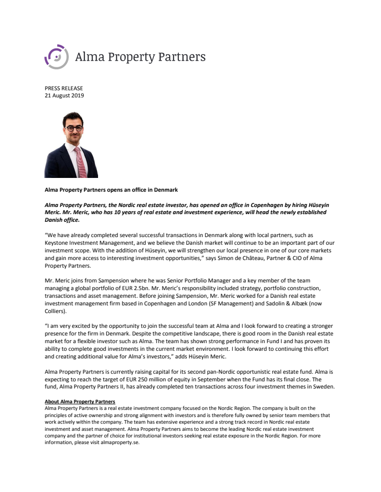 Alma Property Partners opens an office in Denmark