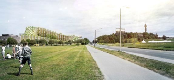 Vy mot öst och den föreslagna byggnaden. Lindarängsvägen till höger i bild liksom Borgen och Kaknästornet. Illustration: Bjarke Ingels Group.