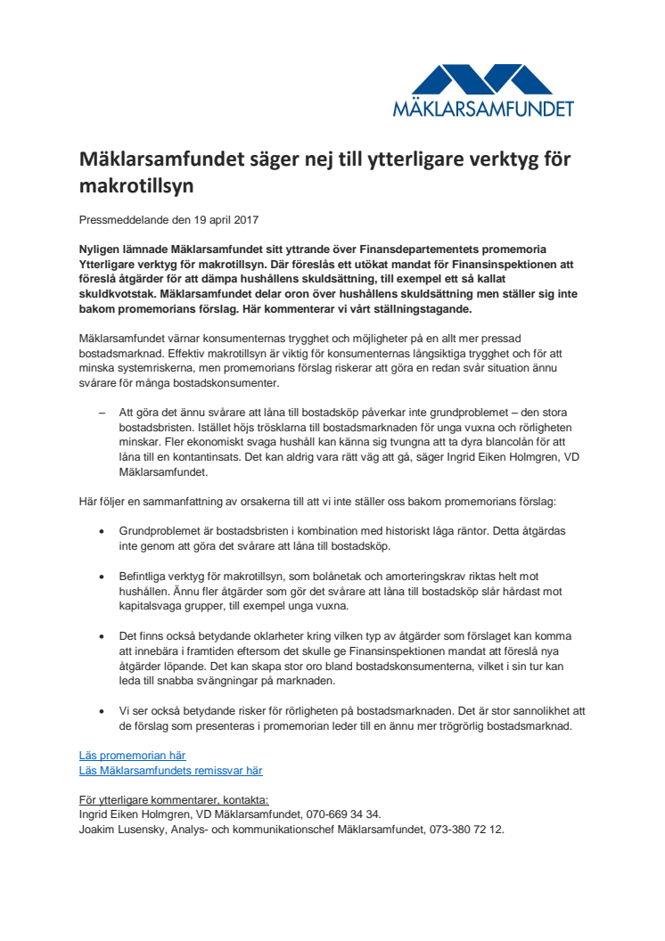 Mäklarsamfundet säger nej till ytterligare verktyg för makrotillsyn