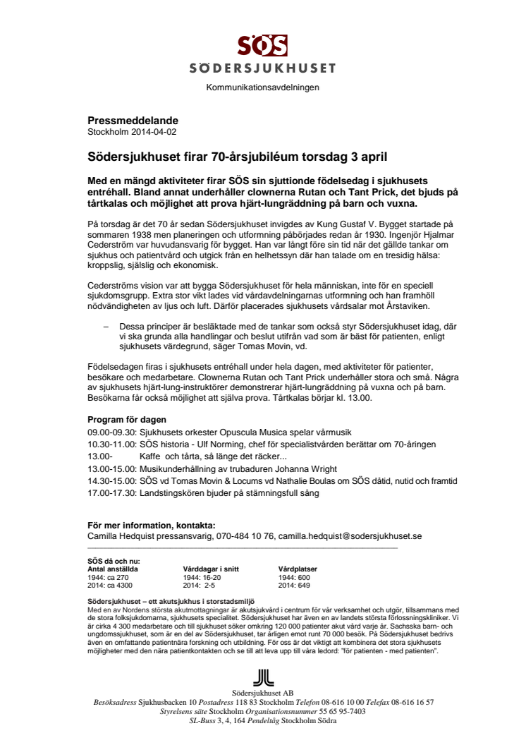 Södersjukhuset firar 70-årsjubiléum torsdag 3 april