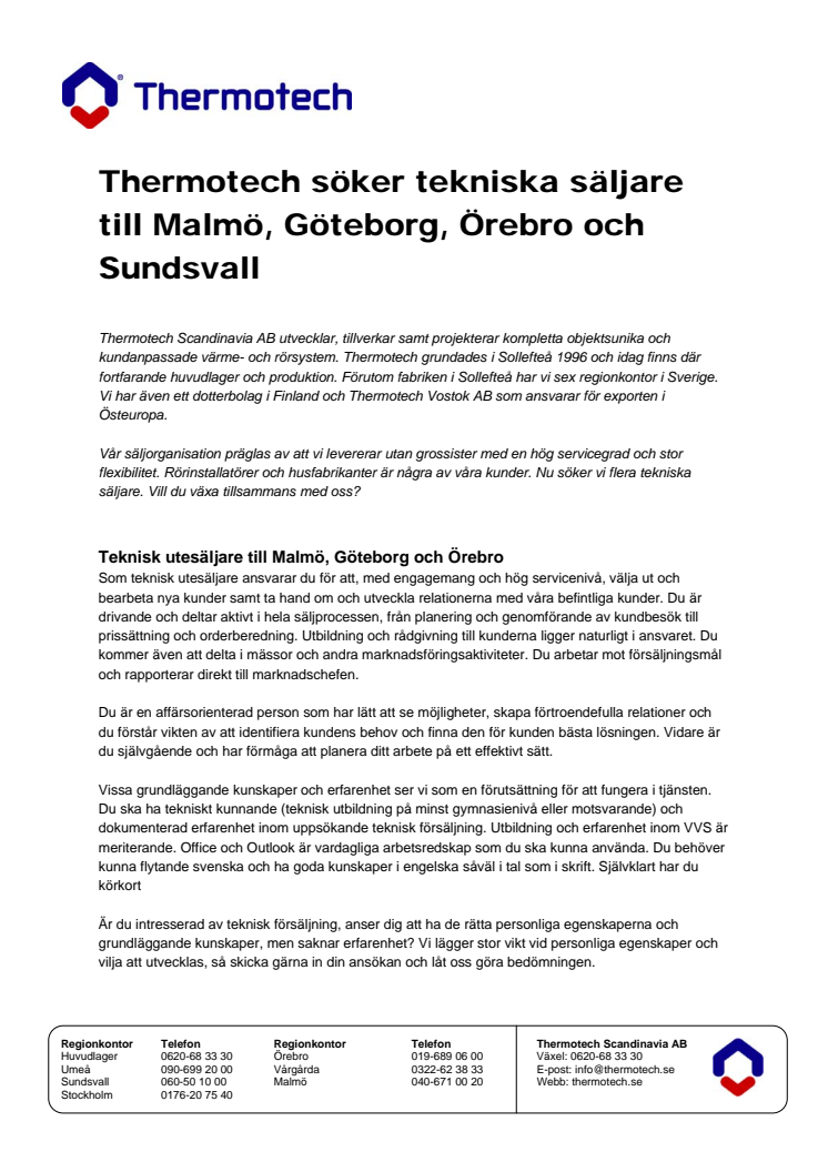 Thermotech söker flera tekniska säljare i Malmö, Göteborg och Sundsvall