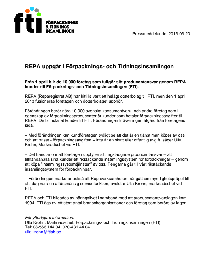 REPA uppgår i Förpacknings- och Tidningsinsamlingen