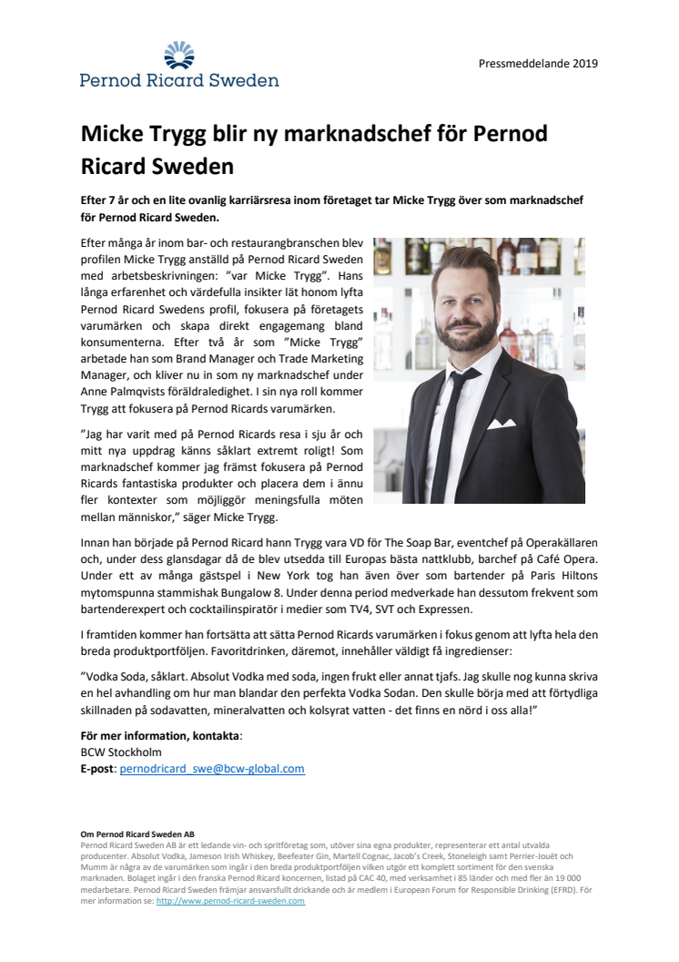 Micke Trygg blir ny marknadschef för Pernod Ricard Sweden