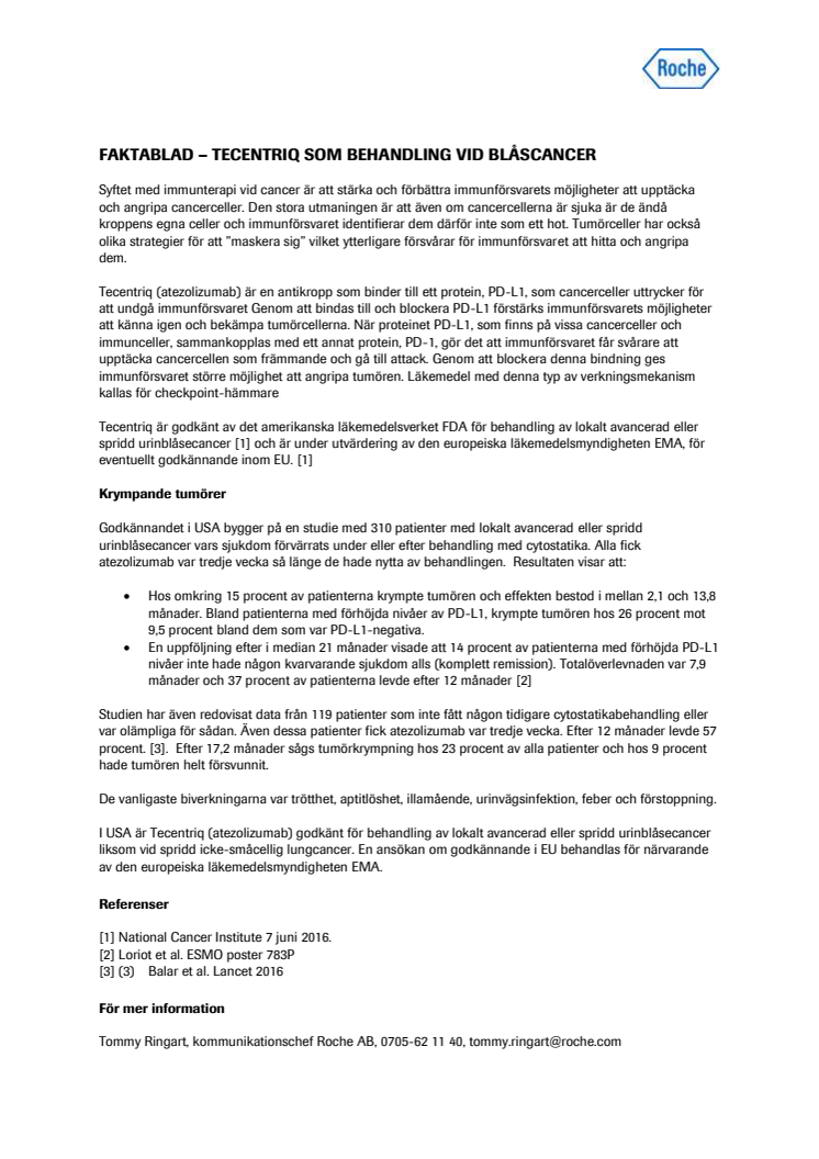 Faktablad – Tecentriq (atezolizumab) som behandling vid blåscancer