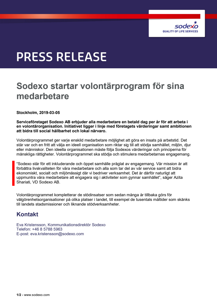 Sodexo startar volontärprogram för sina medarbetare