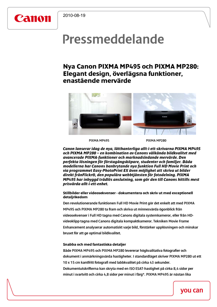 Pressmeddelande PIXMA MP495 och PIXMA MP280