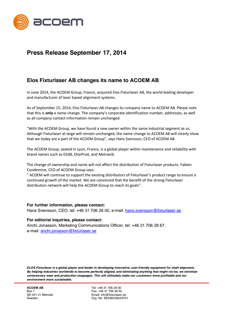 Elos Fixturlaser AB changes its name to ACOEM AB