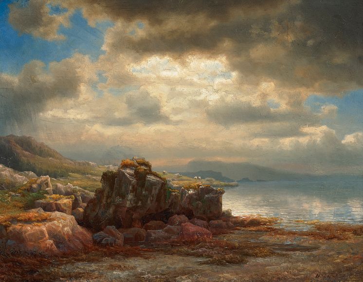 Lars Hertervig, Utsikt fra Skånevik, 1854. Olja på pannå, 26 x 34 cm.