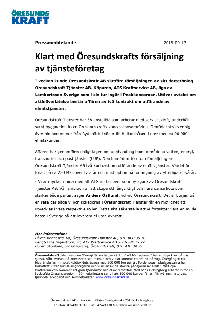 Klart med Öresundskrafts försäljning av tjänsteföretag