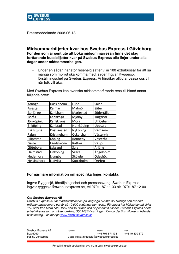 Midsommarbiljetter kvar hos Swebus Express i Gävleborg