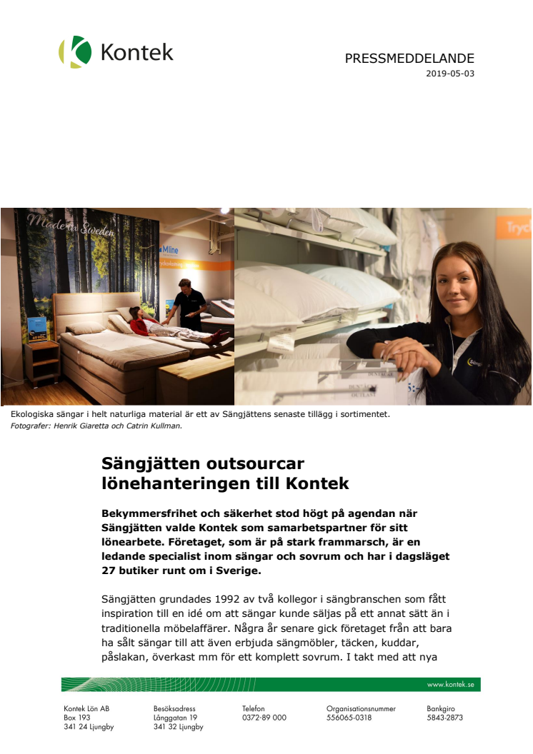 Sängjätten outsourcar lönehanteringen till Kontek