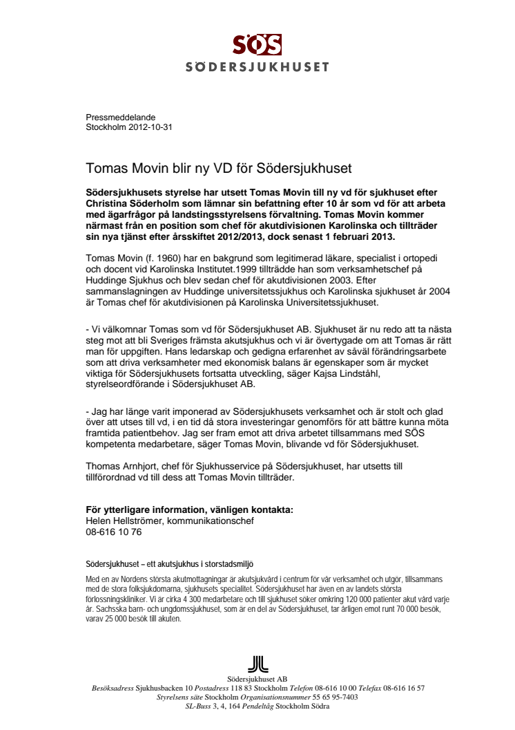 Tomas Movin blir ny VD för Södersjukhuset