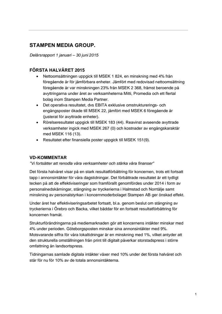 Delårsrapport juni 2015