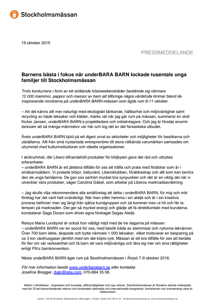 Barnens bästa i fokus när underBARA BARN lockade tusentals unga familjer till Stockholmsmässan