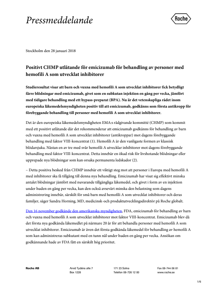 Positivt CHMP utlåtande för emicizumab för behandling av personer med hemofili A som utvecklat inhibitorer