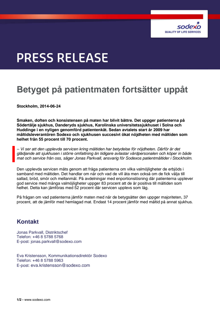 Betyget på patientmaten fortsätter uppåt