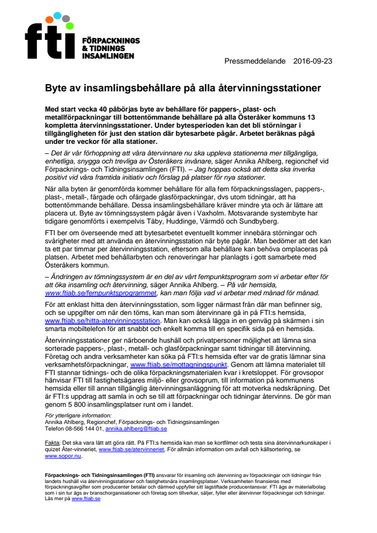 ​Byte av insamlingsbehållare på alla återvinningsstationer i Österåker