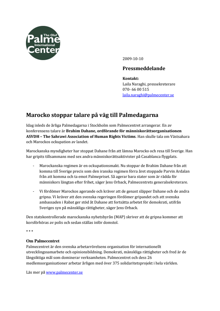 Marocko stoppar talare på väg till Palmedagarna