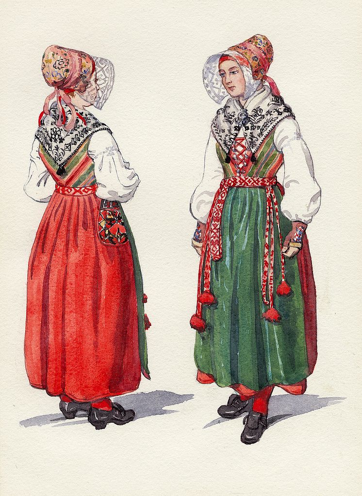Folkdräkt, kvinnodräkt från Åls socken i Dalarna, sedd både framifrån och bakifrån. Akvarell av Emelie von Walterstorff, Nordiska museet.