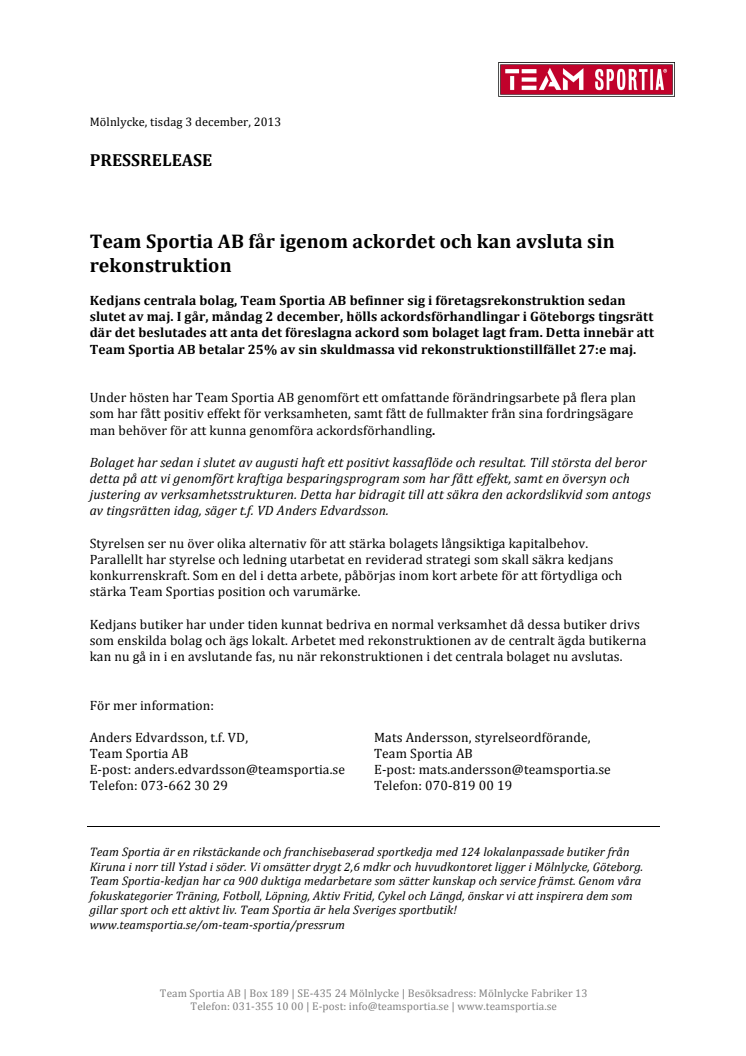 Team Sportia AB får igenom ackordet och kan avsluta sin rekonstruktion