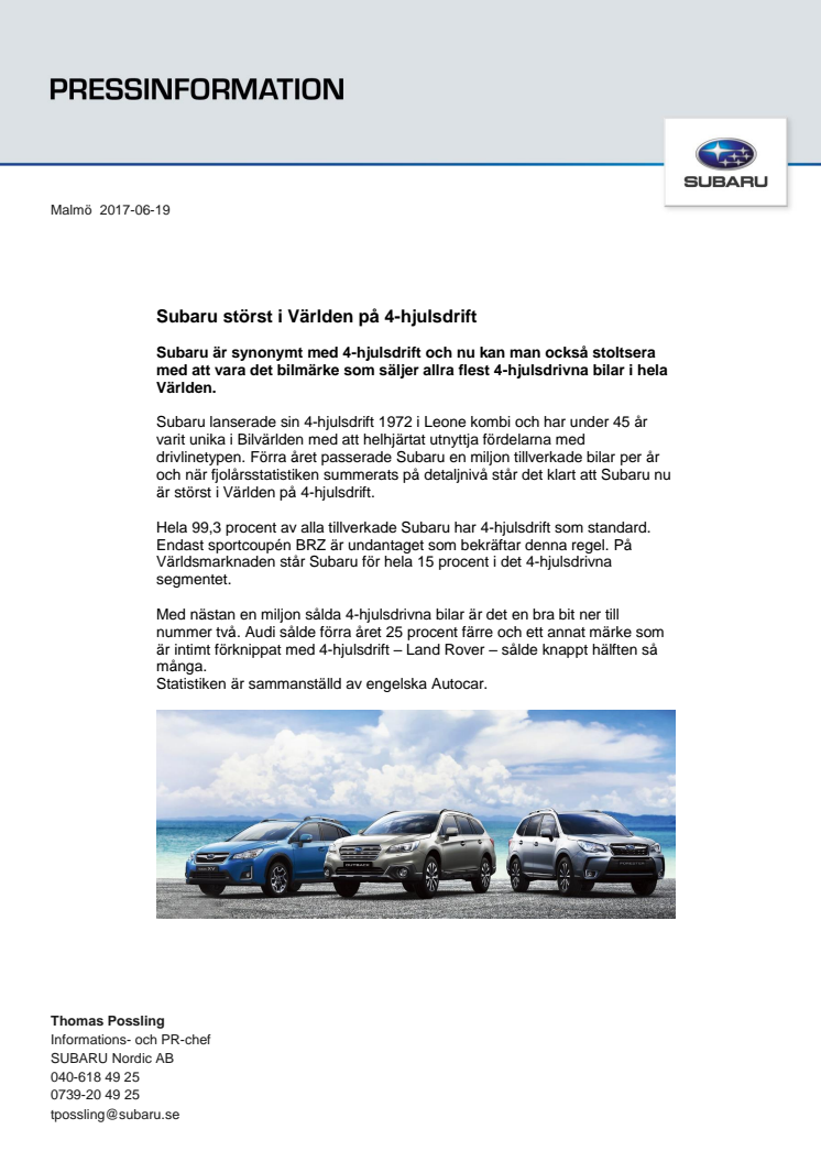 Subaru störst i Världen på 4-hjulsdrift