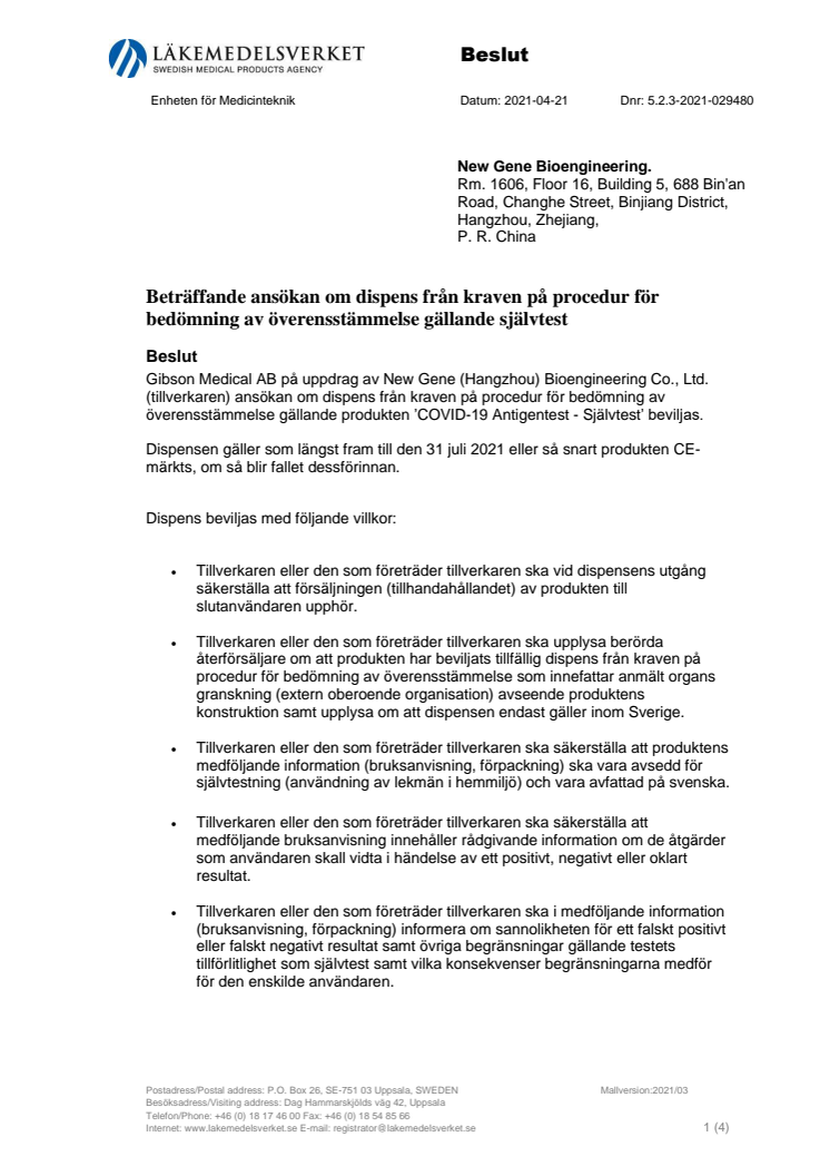 Läkemedelsverket -Dispens til NewGene Covid-19 Antigentest - Självtest