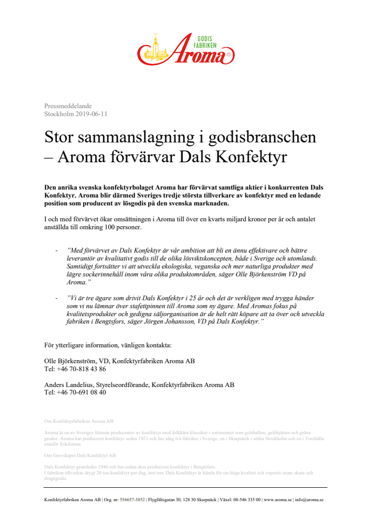 Stor sammanslagning i godisbranschen – Aroma förvärvar Dals Konfektyr