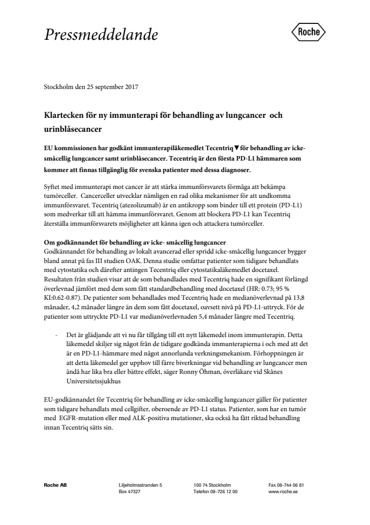 Klartecken för ny immunterapi för behandling av lungcancer  och urinblåsecancer
