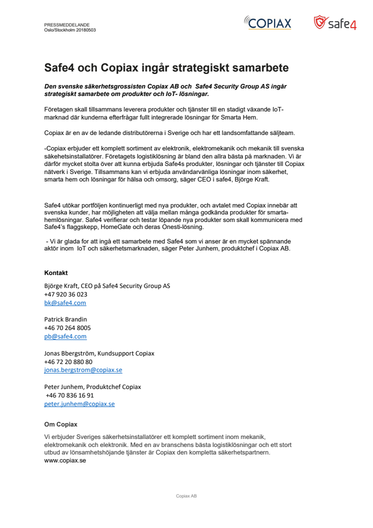 Safe4 och Copiax ingår strategiskt samarbete 