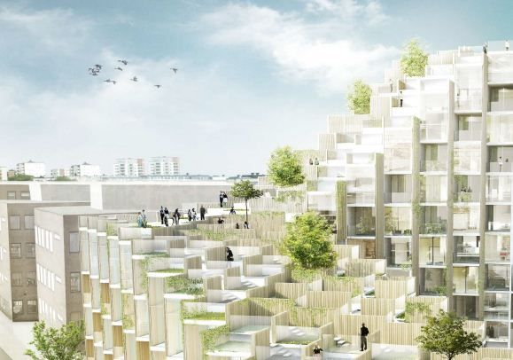 Vy över taklandskapet med en större sammanhängande terrass som blir gemensam för de boende. Illustration: Bjarke Ingels Group.