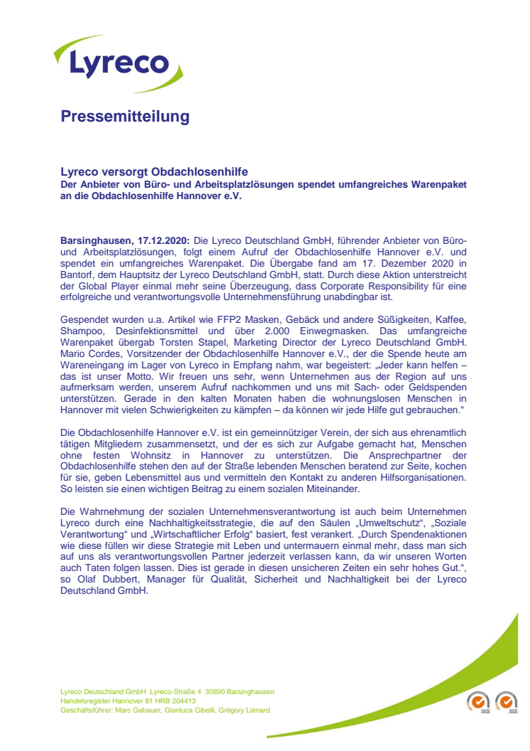 Lyreco versorgt Obdachlosenhilfe