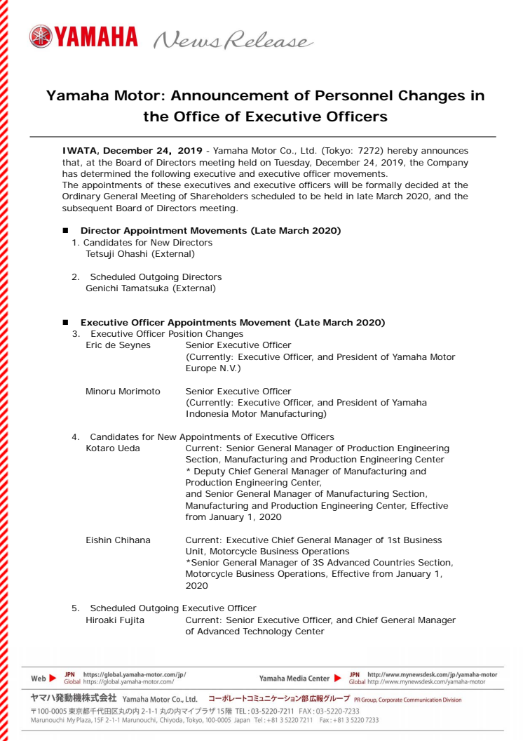 Yamaha Motor: Announcement of Personnel Changes in the Office of Executive Officers