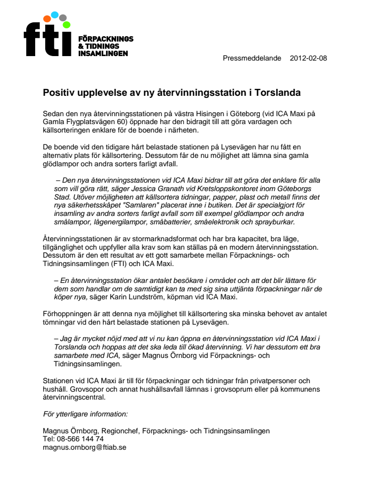 Positiv upplevelse av ny återvinningsstation i Torslanda